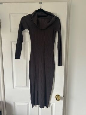 Ardene Ribbed Turtle Neck Long Sleeve Midi Dress - Dark Grey